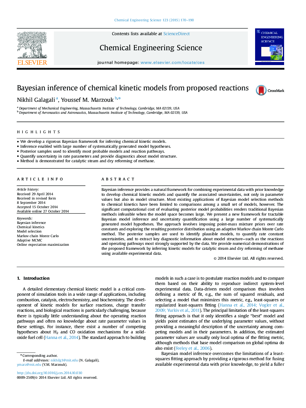 Bayesian inference of chemical kinetic models from proposed reactions