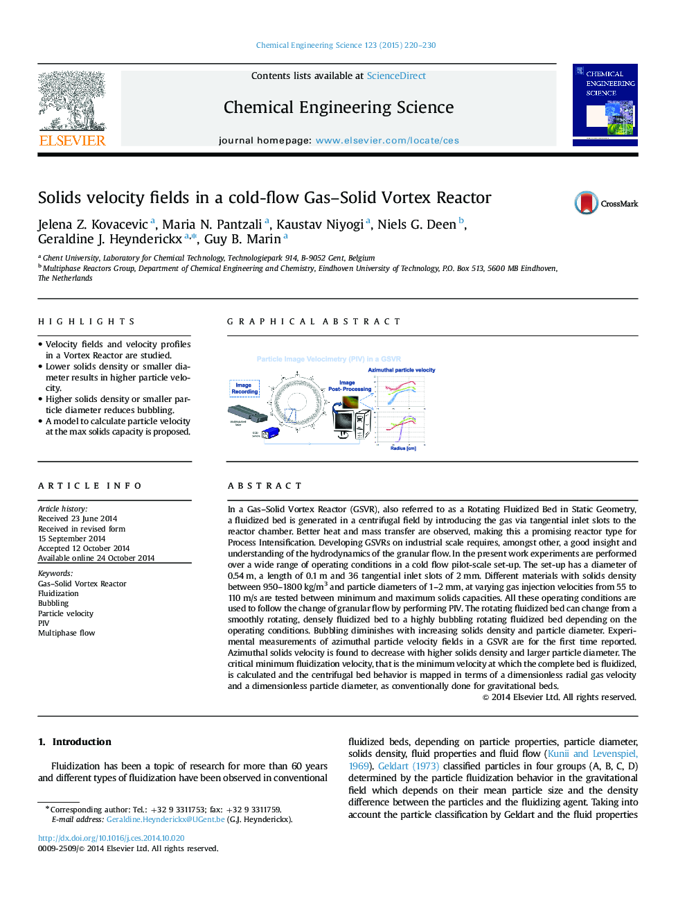 Solids velocity fields in a cold-flow Gas-Solid Vortex Reactor