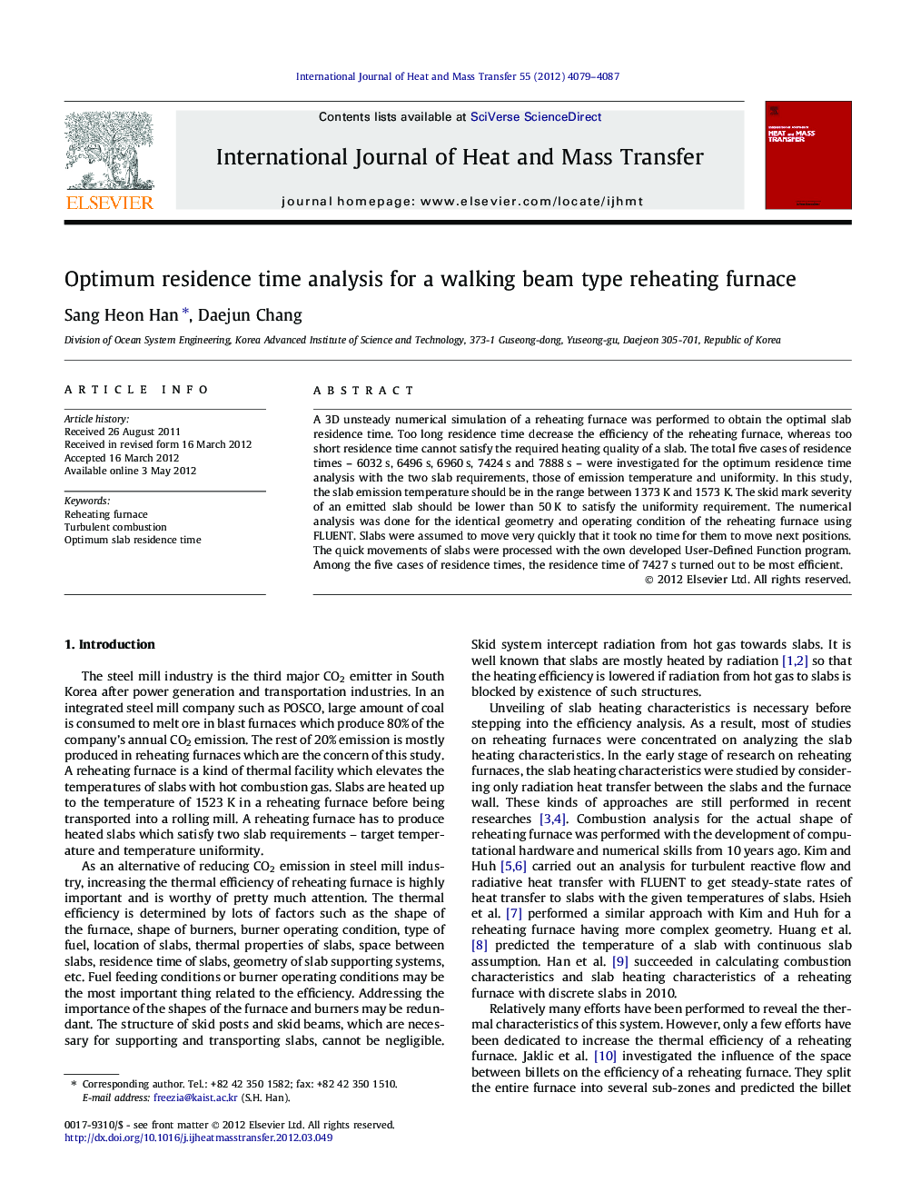 Optimum residence time analysis for a walking beam type reheating furnace