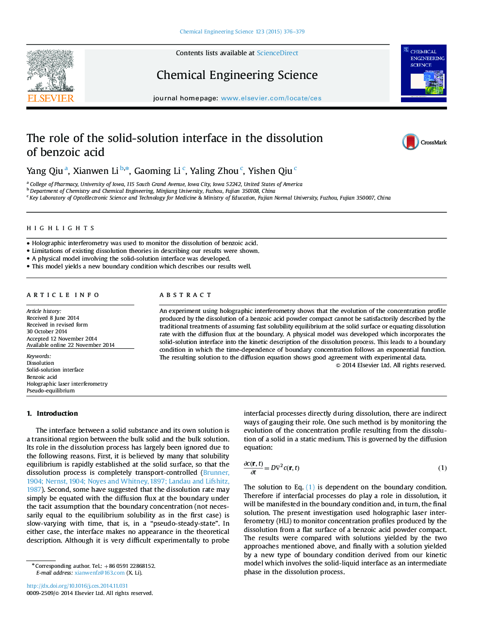 The role of the solid-solution interface in the dissolution of benzoic acid