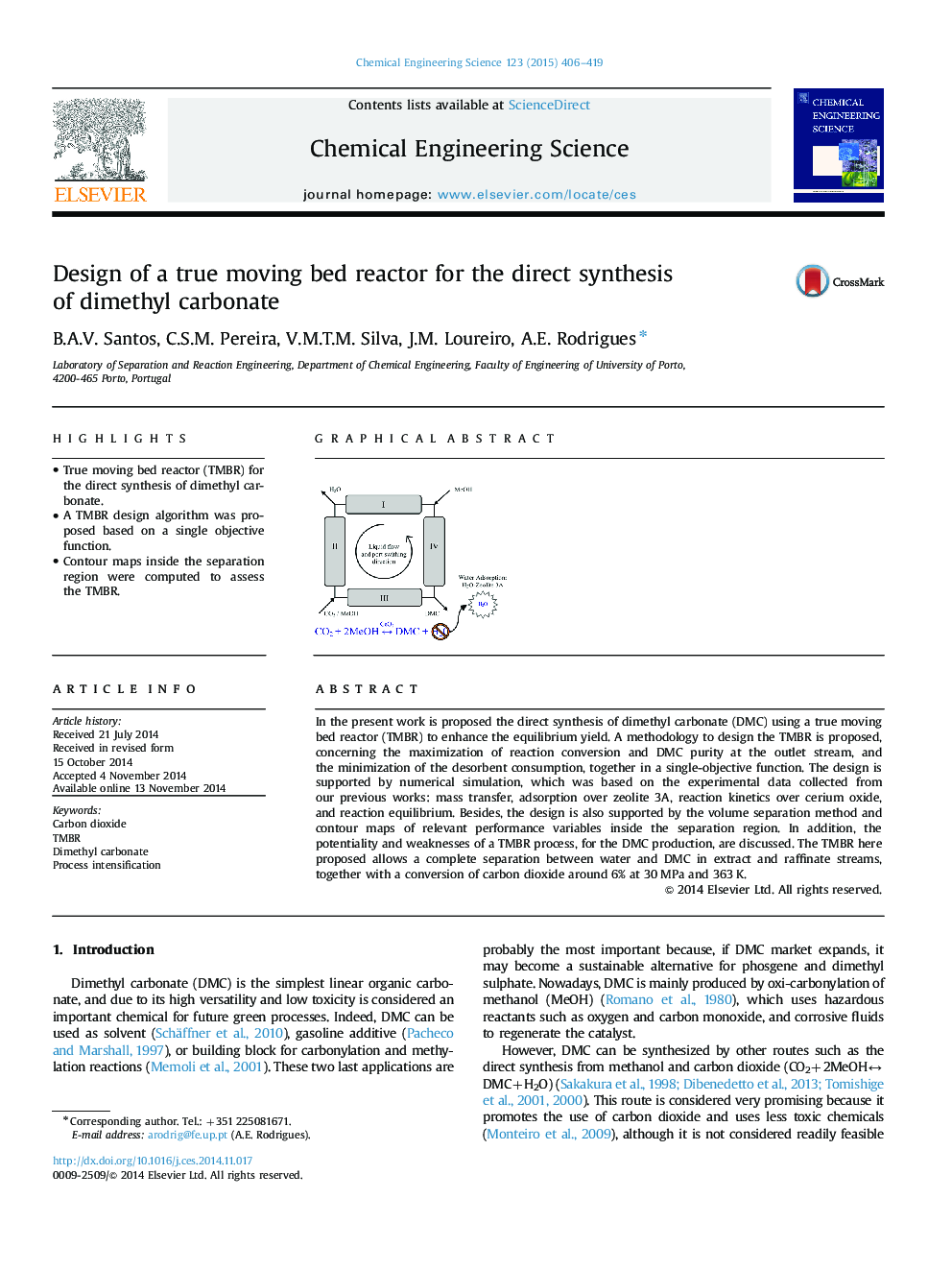 Design of a true moving bed reactor for the direct synthesis of dimethyl carbonate