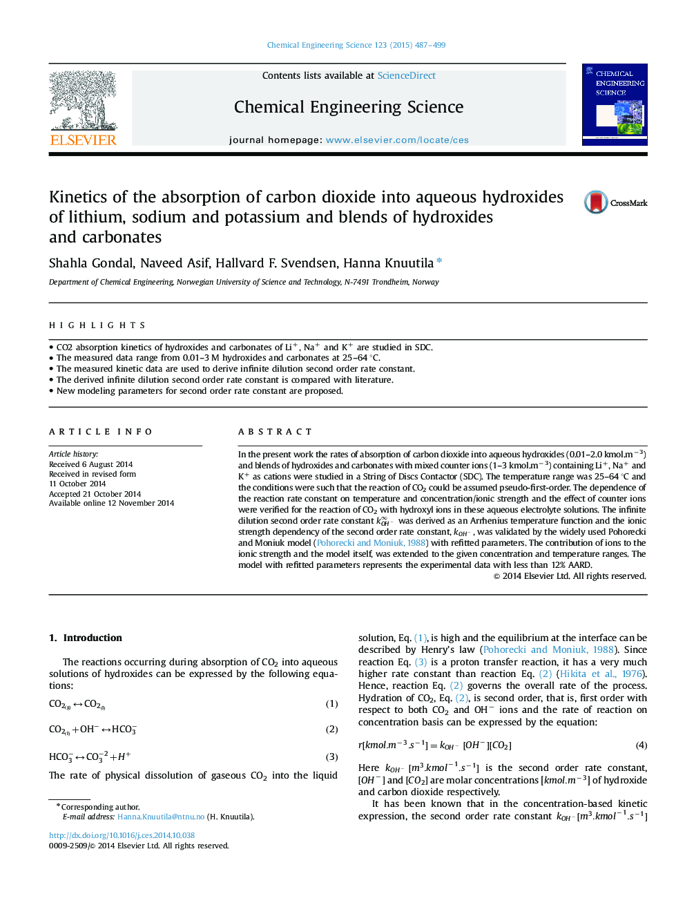 Kinetics of the absorption of carbon dioxide into aqueous hydroxides of lithium, sodium and potassium and blends of hydroxides and carbonates