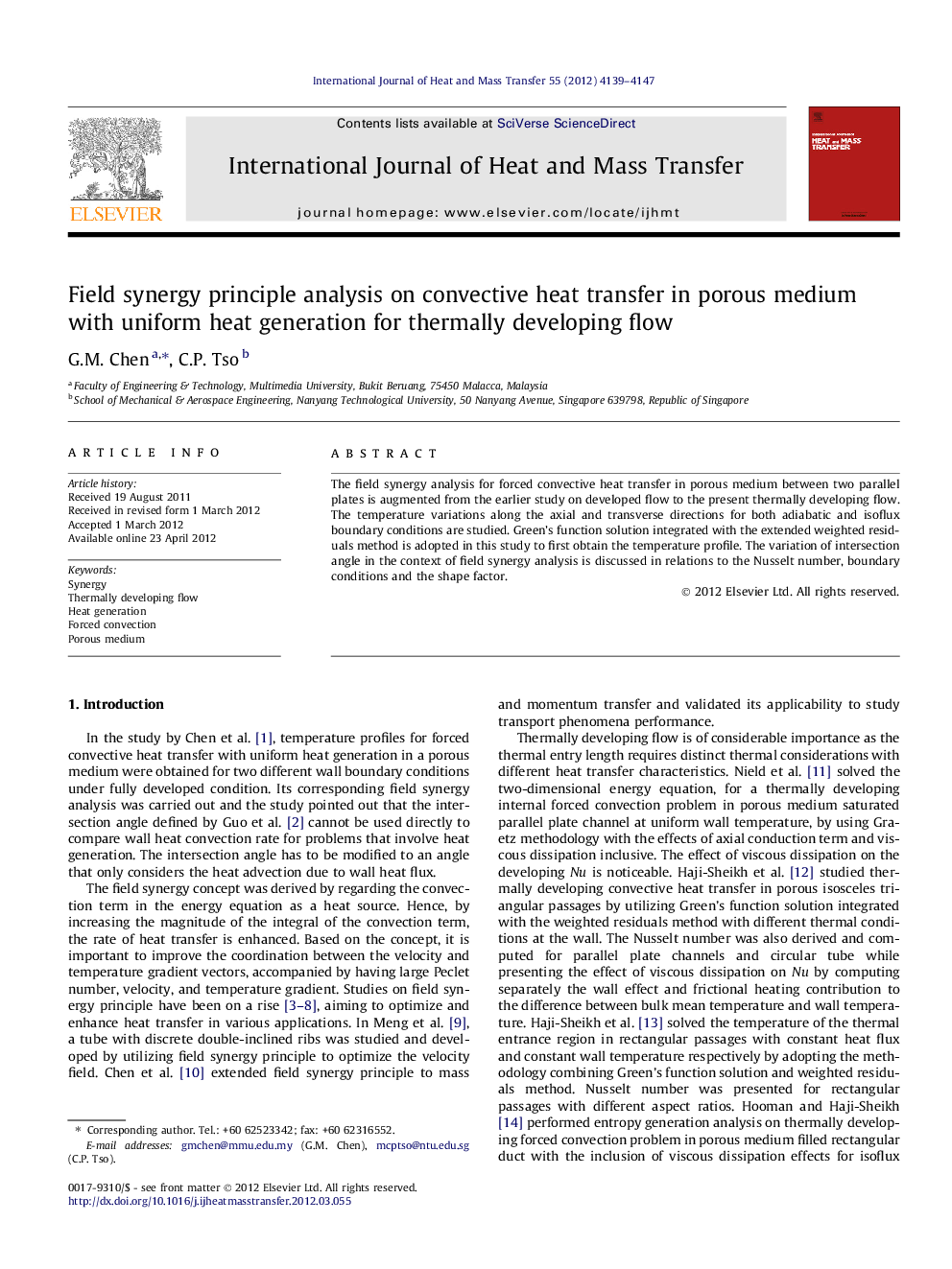 Field synergy principle analysis on convective heat transfer in porous medium with uniform heat generation for thermally developing flow