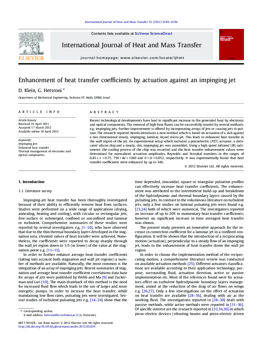 Enhancement of heat transfer coefficients by actuation against an impinging jet