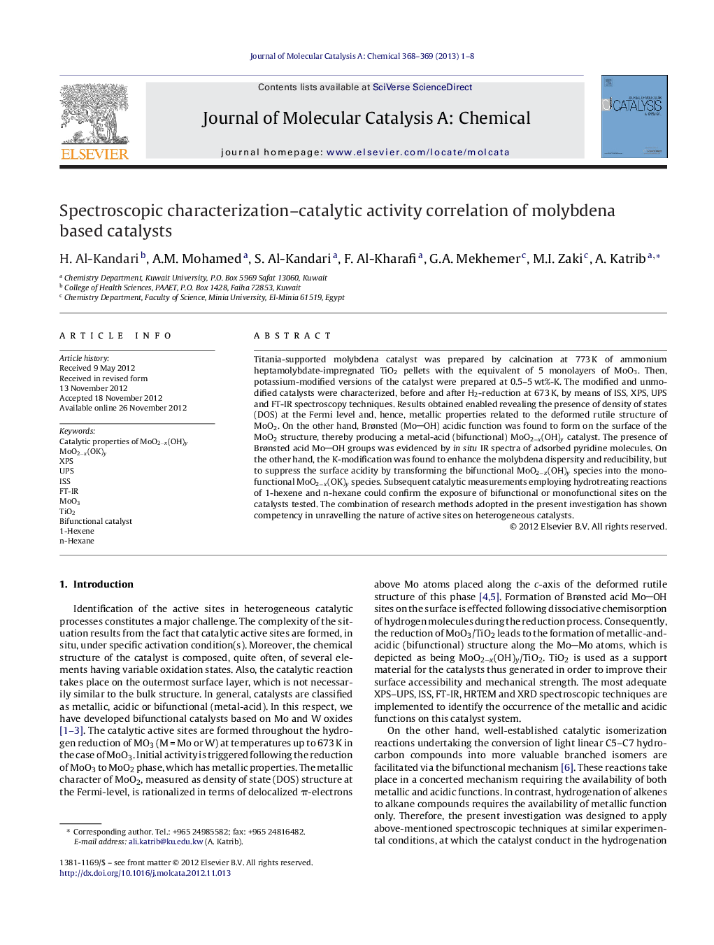 Spectroscopic characterization–catalytic activity correlation of molybdena based catalysts