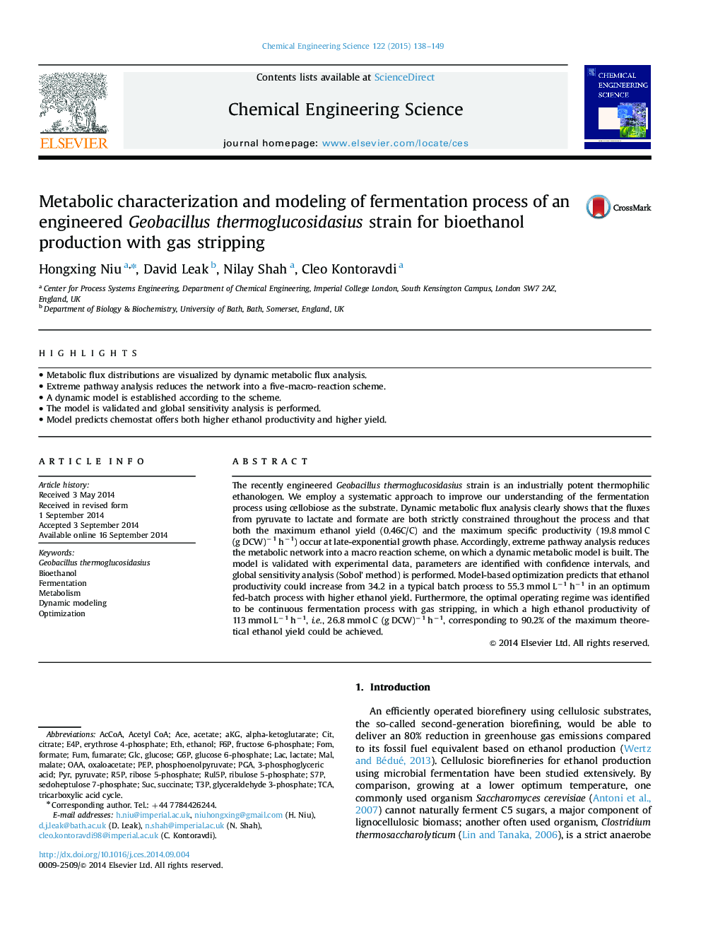 Metabolic characterization and modeling of fermentation process of an engineered Geobacillus thermoglucosidasius strain for bioethanol production with gas stripping