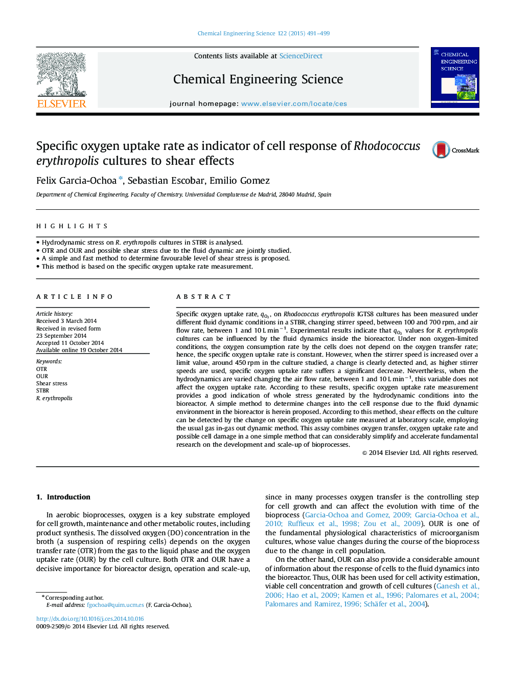 Specific oxygen uptake rate as indicator of cell response of Rhodococcus erythropolis cultures to shear effects