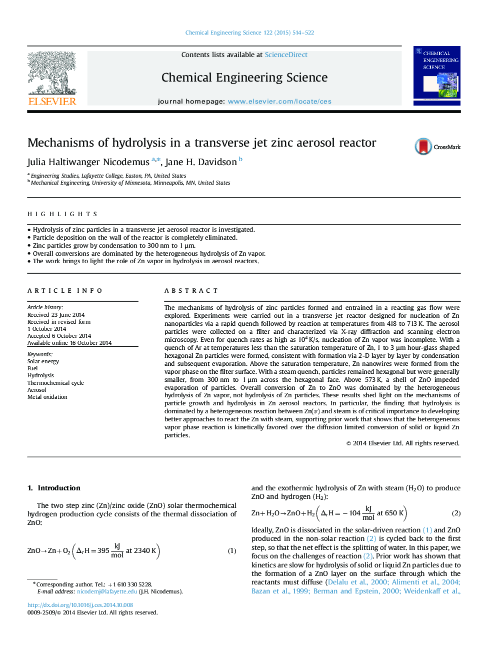 Mechanisms of hydrolysis in a transverse jet zinc aerosol reactor