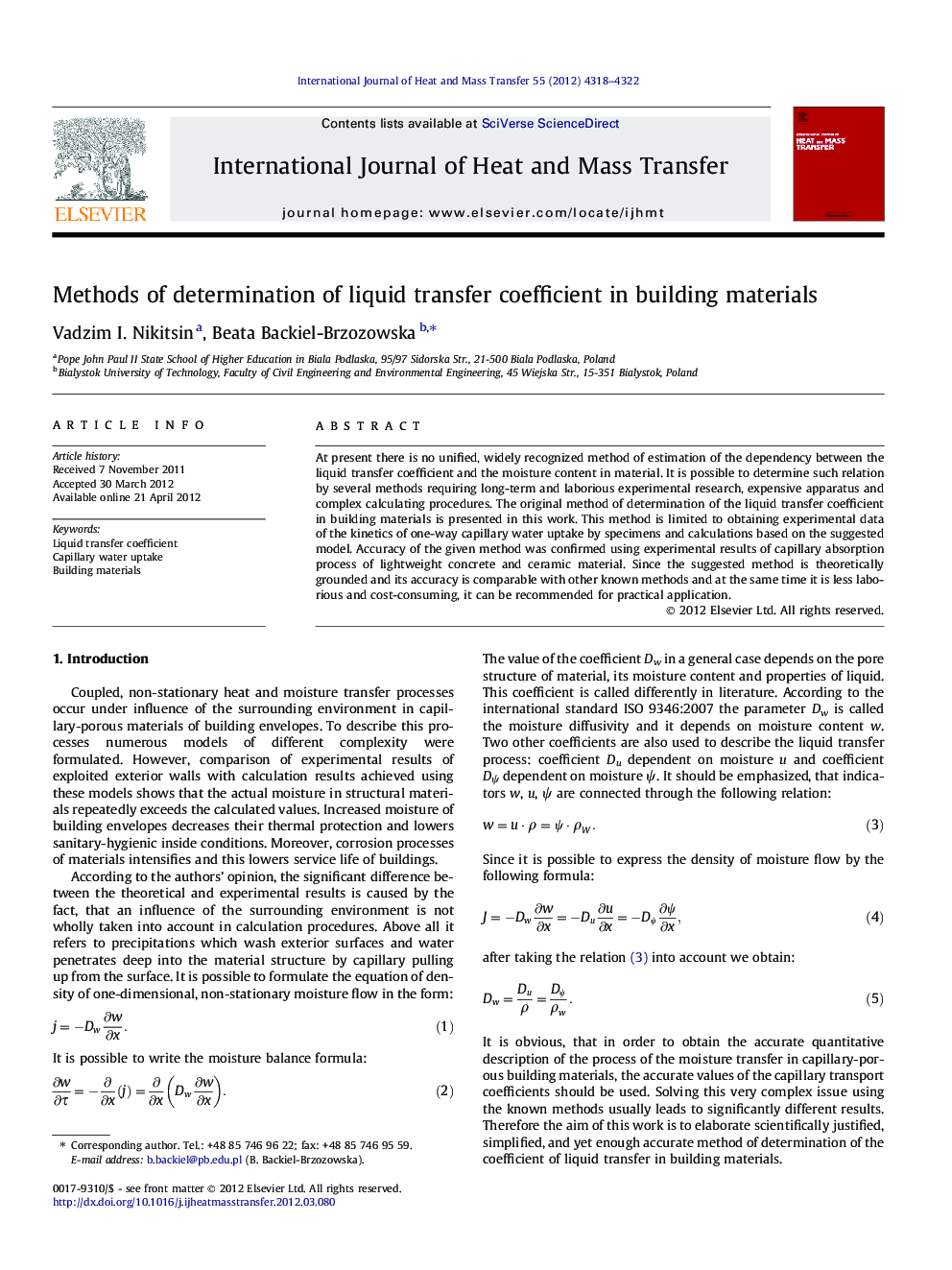 Methods of determination of liquid transfer coefficient in building materials