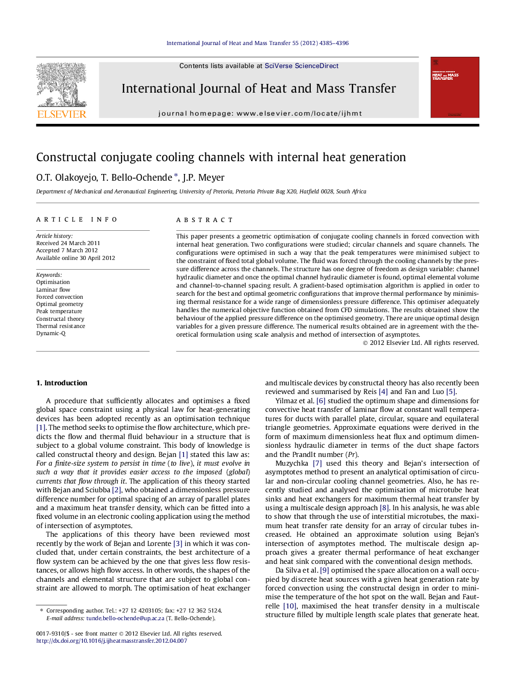 Constructal conjugate cooling channels with internal heat generation