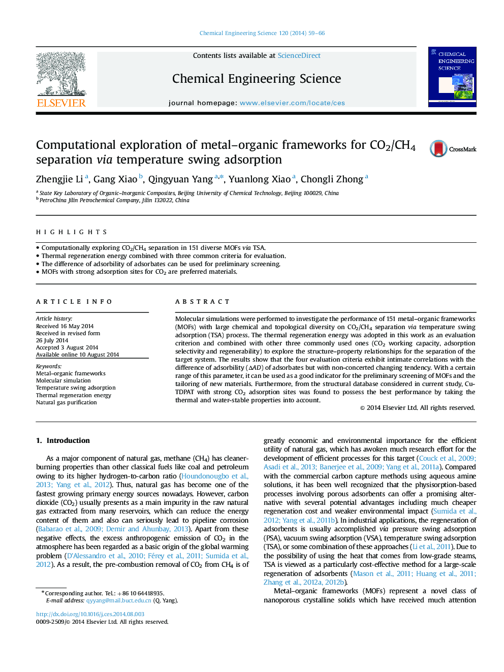 Computational exploration of metal-organic frameworks for CO2/CH4 separation via temperature swing adsorption