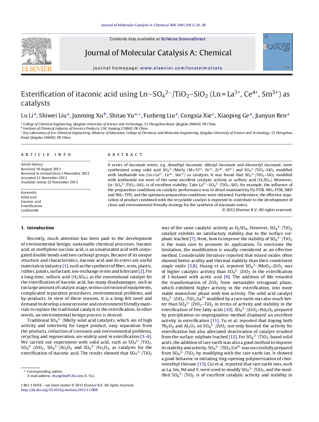 Esterification of itaconic acid using Ln∼SO42−/TiO2–SiO2 (Ln = La3+, Ce4+, Sm3+) as catalysts