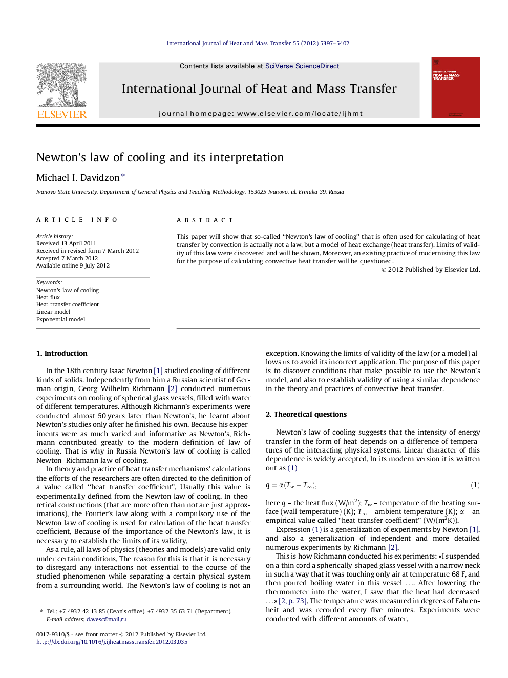 Newton’s law of cooling and its interpretation