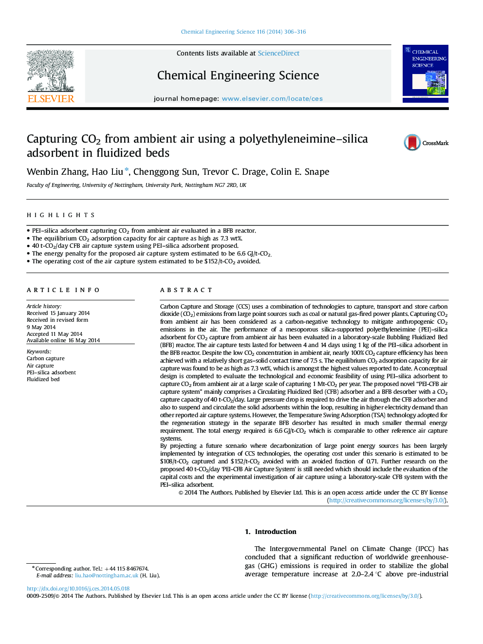 Capturing CO2 from ambient air using a polyethyleneimine-silica adsorbent in fluidized beds