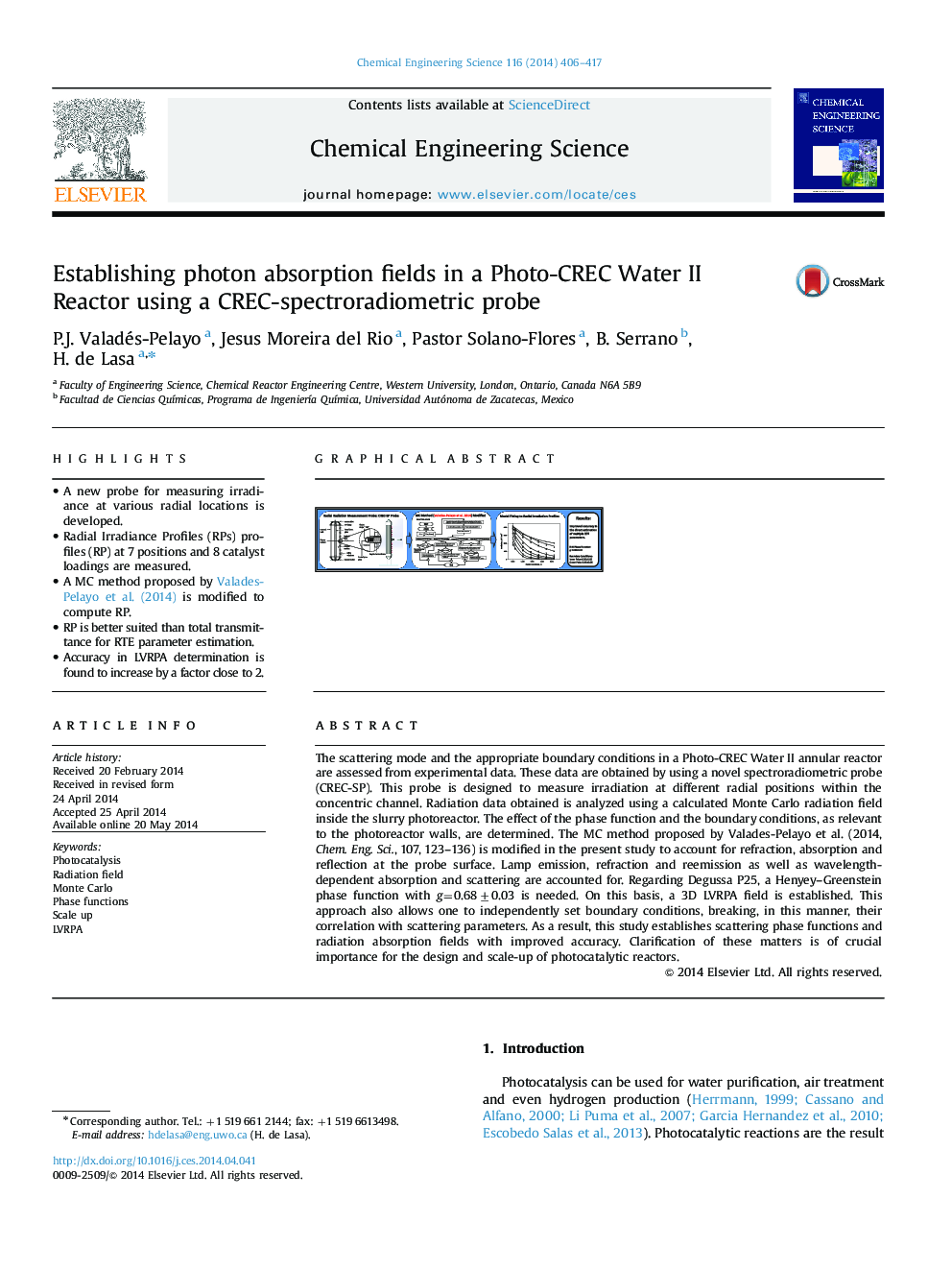 Establishing photon absorption fields in a Photo-CREC Water II Reactor using a CREC-spectroradiometric probe