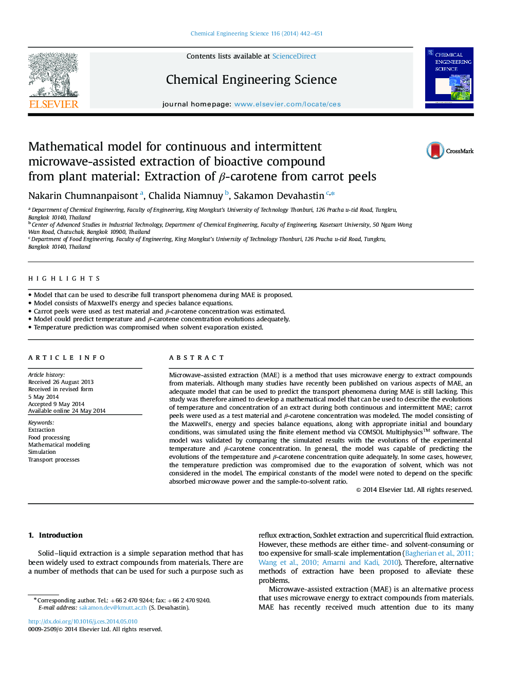 Mathematical model for continuous and intermittent microwave-assisted extraction of bioactive compound from plant material: Extraction of Î²-carotene from carrot peels