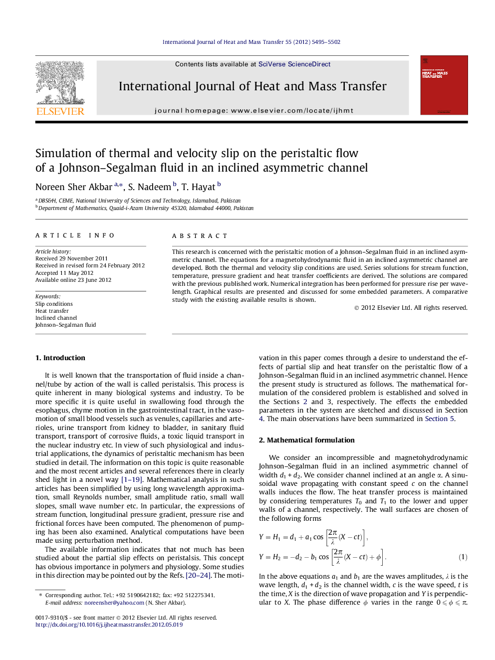 Simulation of thermal and velocity slip on the peristaltic flow of a Johnson–Segalman fluid in an inclined asymmetric channel