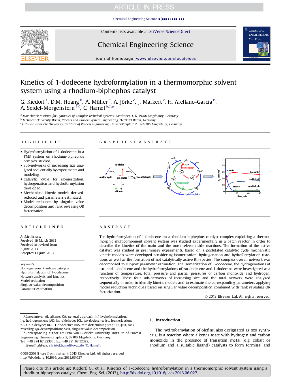 عکس صفحه اول مقاله: Kinetics of 1-dodecene hydroformylation in a thermomorphic solvent system using a rhodium-biphephos catalyst Kinetics of 1-dodecene hydroformylation in a thermomorphic solvent system using a rhodium-biphephos catalyst
