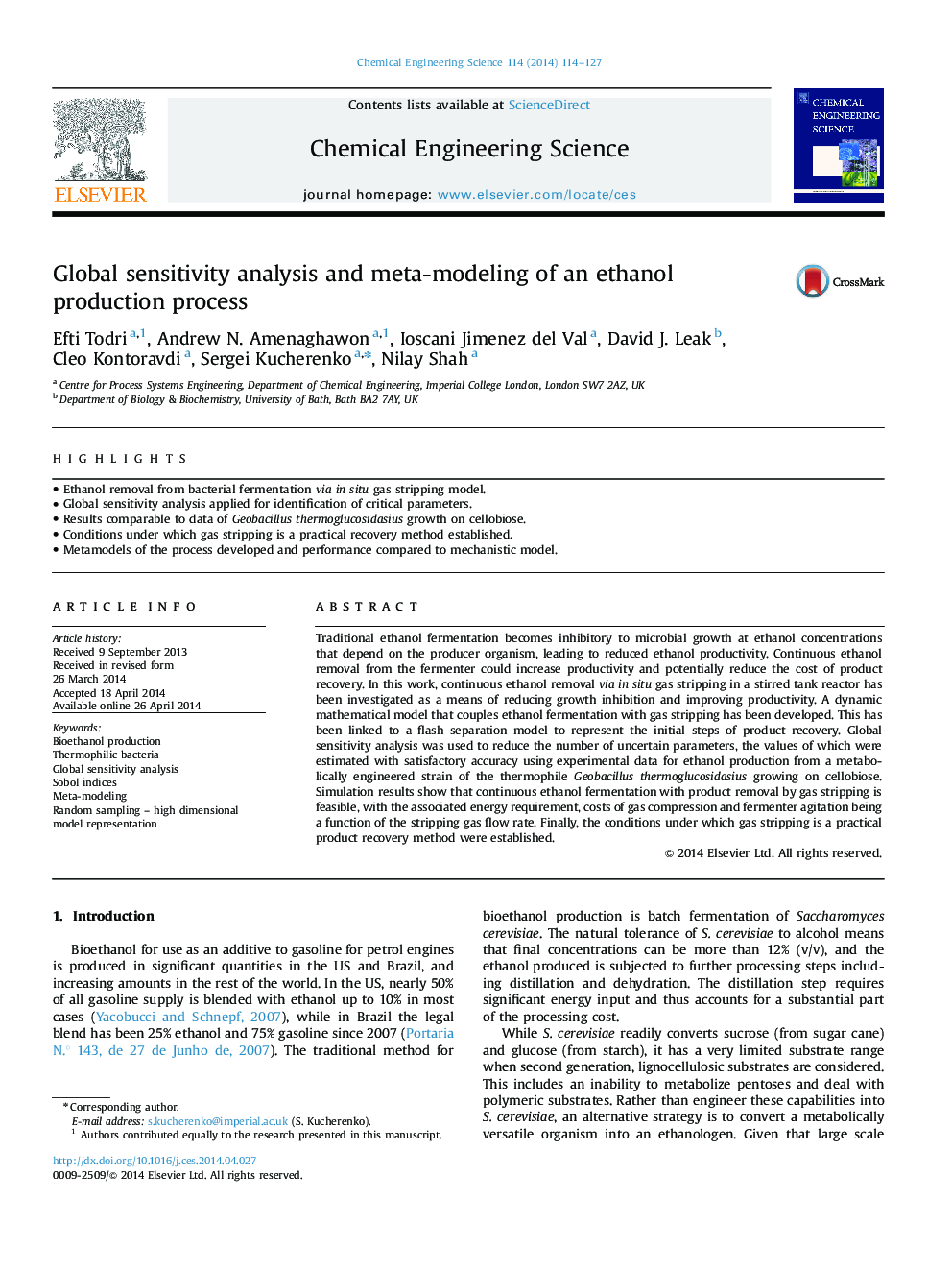 تجزیه و تحلیل حساسیت جهانی و مدل سازی فرایند تولید اتانول 