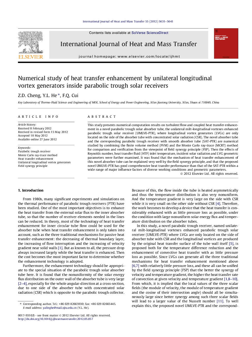 عکس صفحه اول مقاله: Numerical study of heat transfer enhancement by unilateral longitudinal vortex generators inside parabolic trough solar receivers Numerical study of heat transfer enhancement by unilateral longitudinal vortex generators inside parabolic trough solar receivers