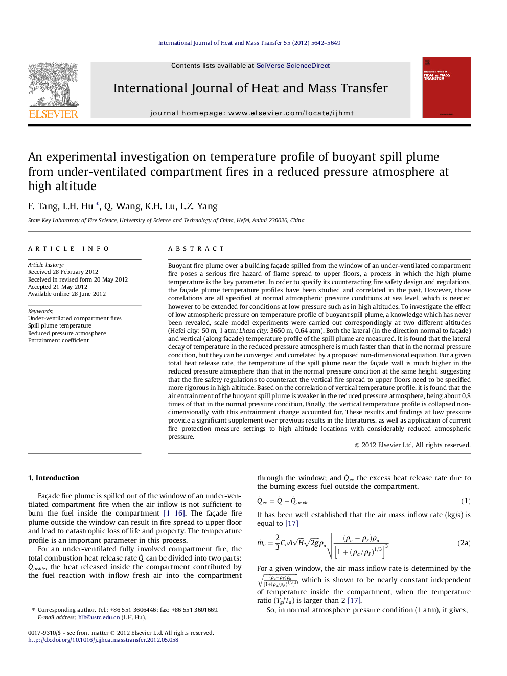 An experimental investigation on temperature profile of buoyant spill plume from under-ventilated compartment fires in a reduced pressure atmosphere at high altitude