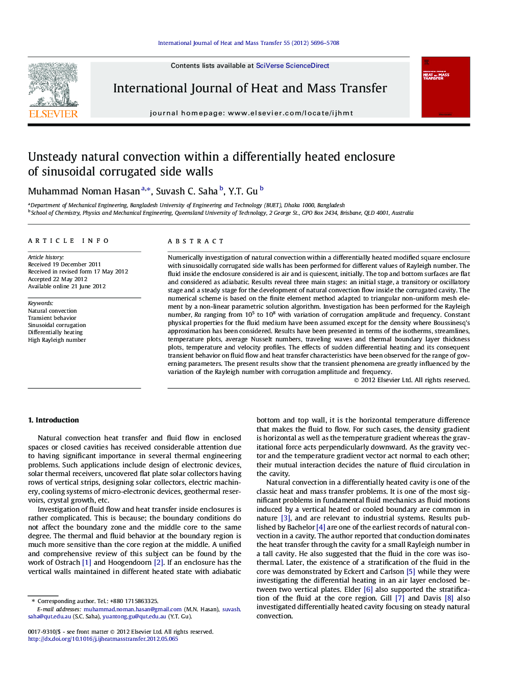 Unsteady natural convection within a differentially heated enclosure of sinusoidal corrugated side walls