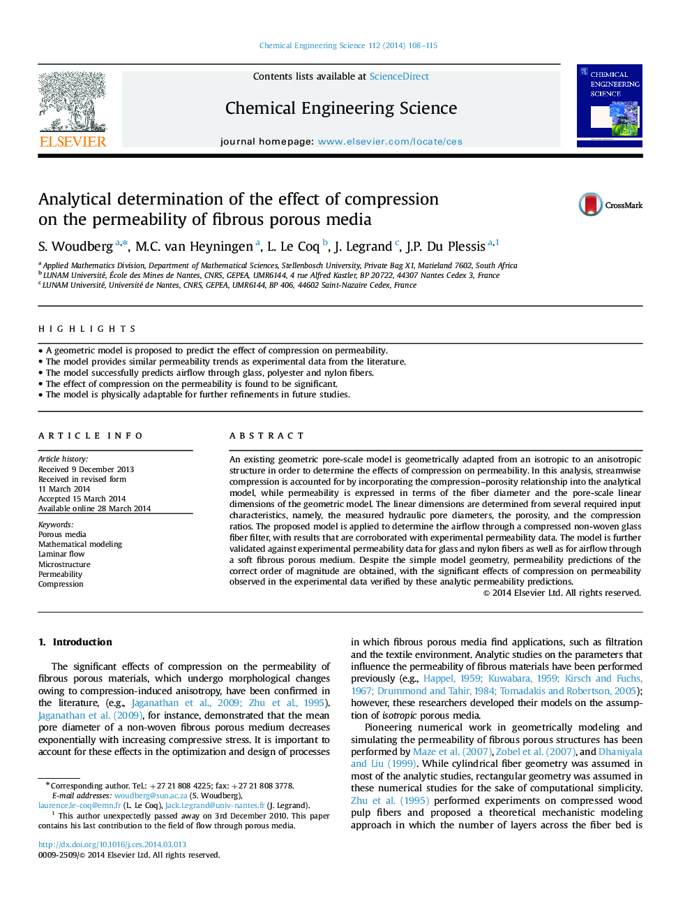 Analytical determination of the effect of compression on the permeability of fibrous porous media