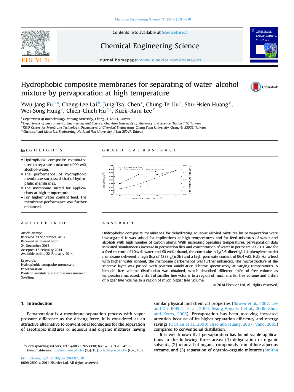 Hydrophobic composite membranes for separating of water-alcohol mixture by pervaporation at high temperature