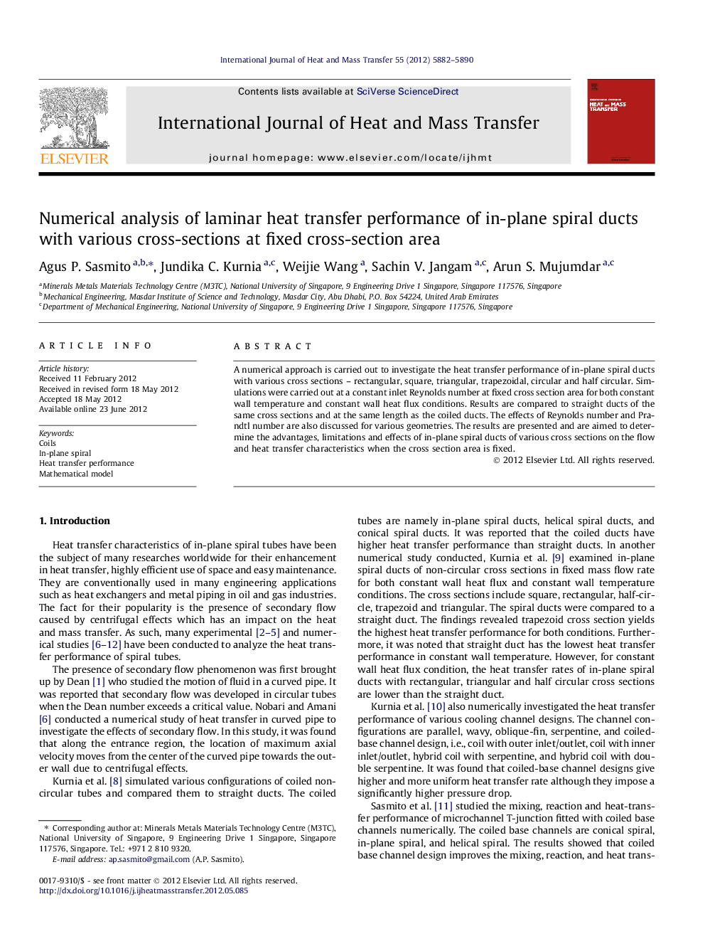 Numerical analysis of laminar heat transfer performance of in-plane spiral ducts with various cross-sections at fixed cross-section area