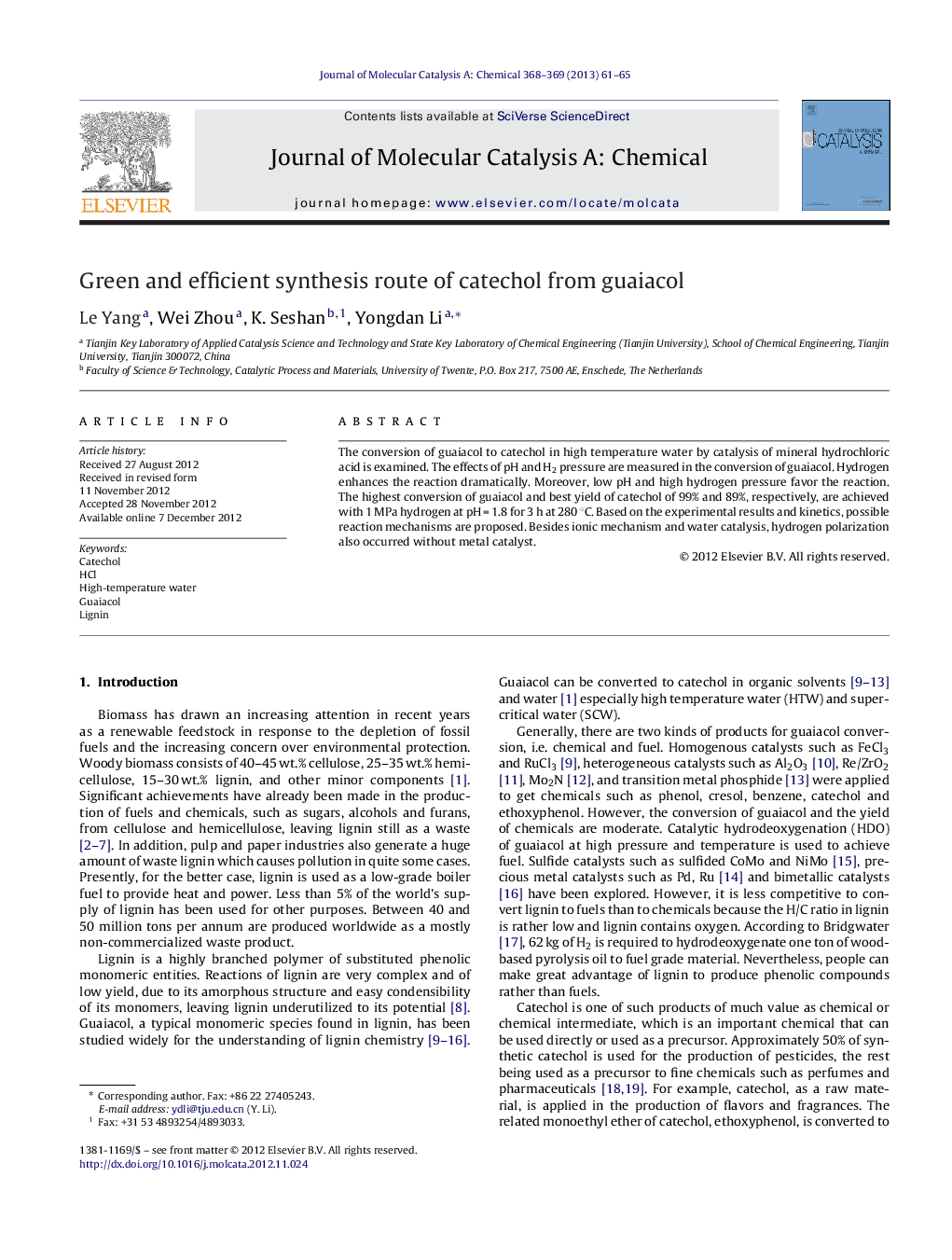 Green and efficient synthesis route of catechol from guaiacol