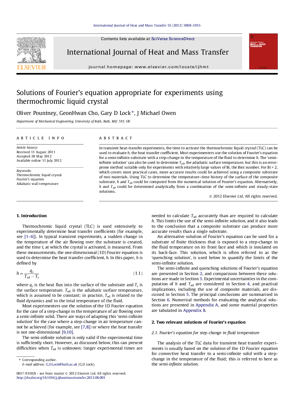 Solutions of Fourier’s equation appropriate for experiments using thermochromic liquid crystal