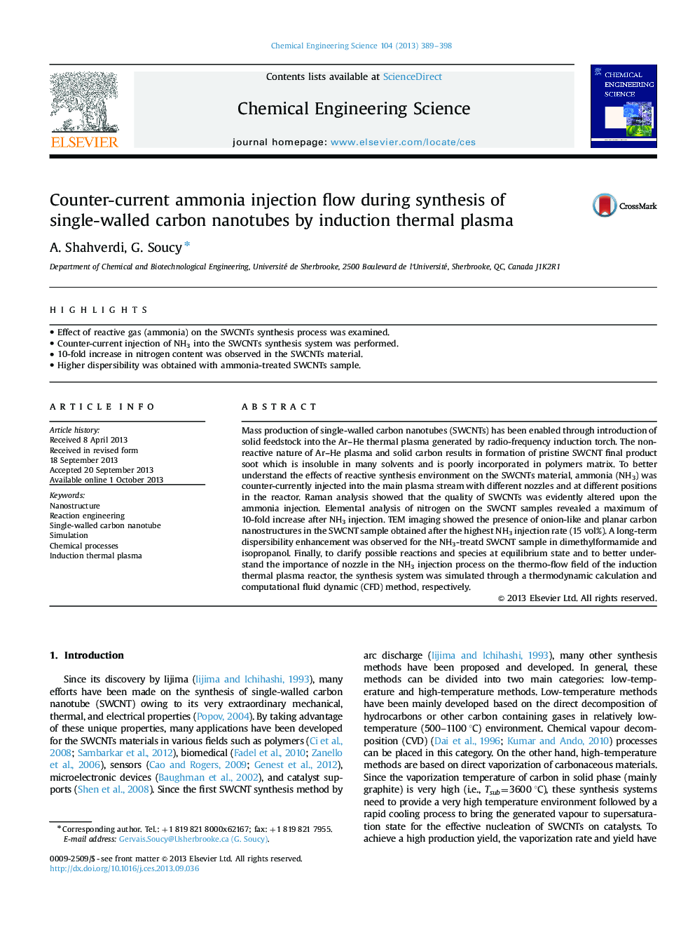 Counter-current ammonia injection flow during synthesis of single-walled carbon nanotubes by induction thermal plasma