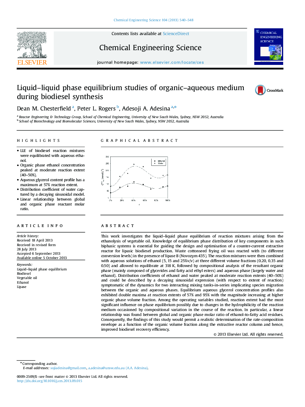 Liquid-liquid phase equilibrium studies of organic-aqueous medium during biodiesel synthesis