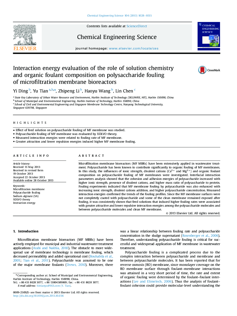 ارزیابی انرژی تعامل با نقش شیمیائی محلول و ترکیب فسفات آلی روی ضایعات پلی ساکارید بیوراکتورهای غشایی میکروفیلتراسیون 