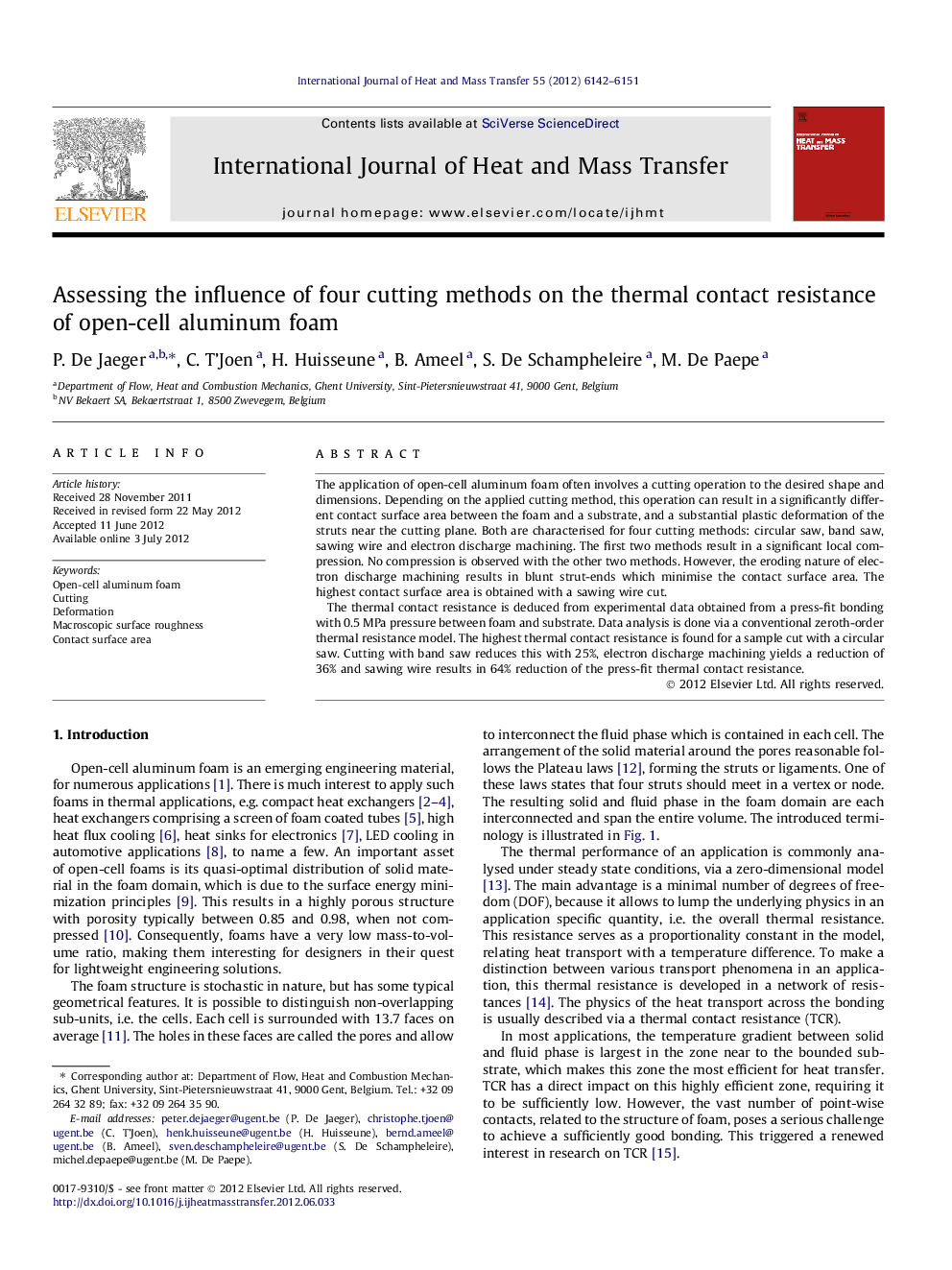 Assessing the influence of four cutting methods on the thermal contact resistance of open-cell aluminum foam