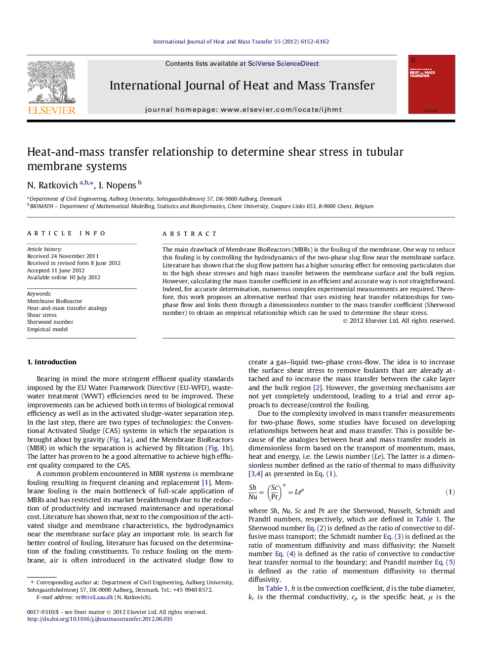 Heat-and-mass transfer relationship to determine shear stress in tubular membrane systems