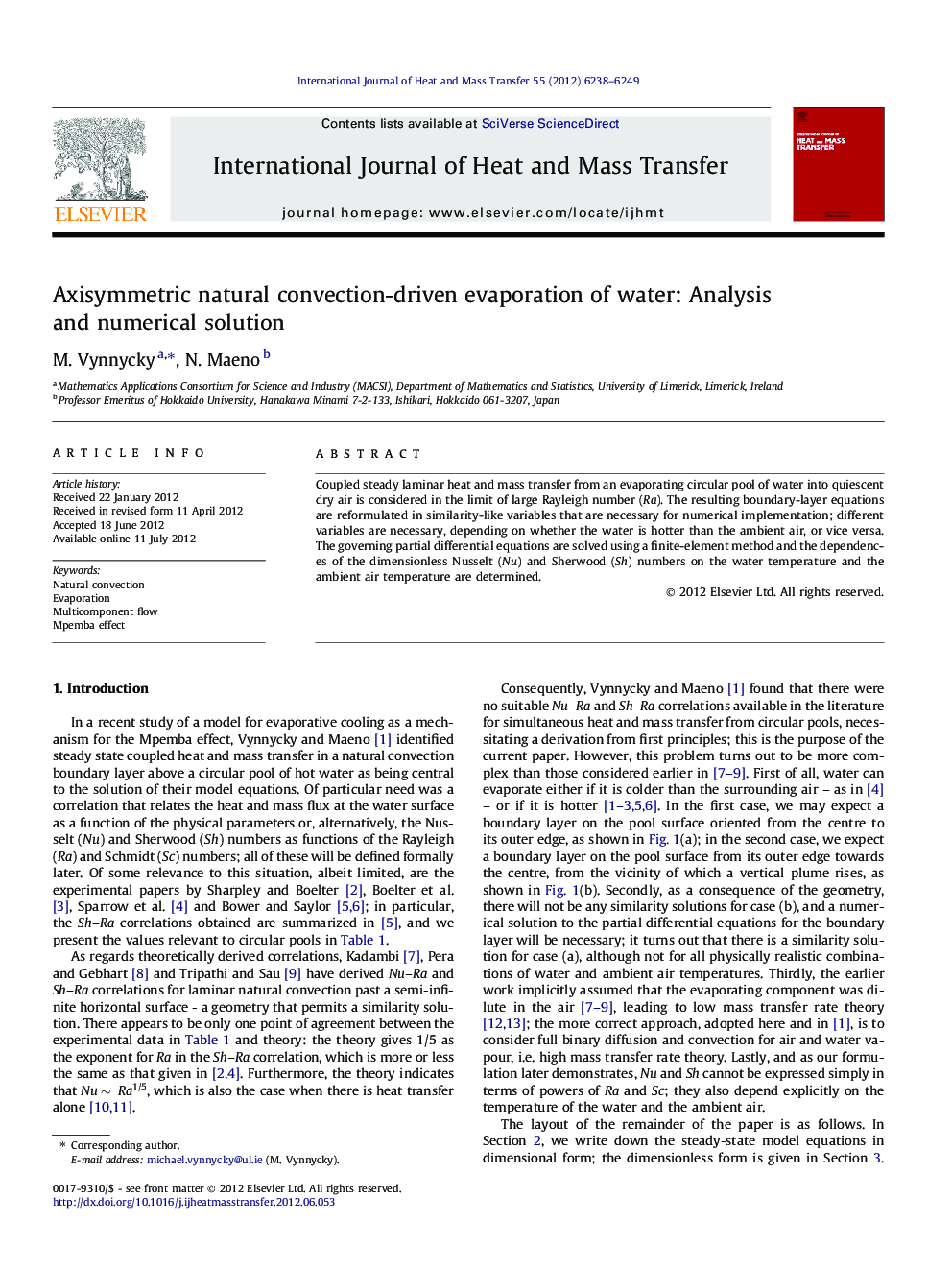 Axisymmetric natural convection-driven evaporation of water: Analysis and numerical solution