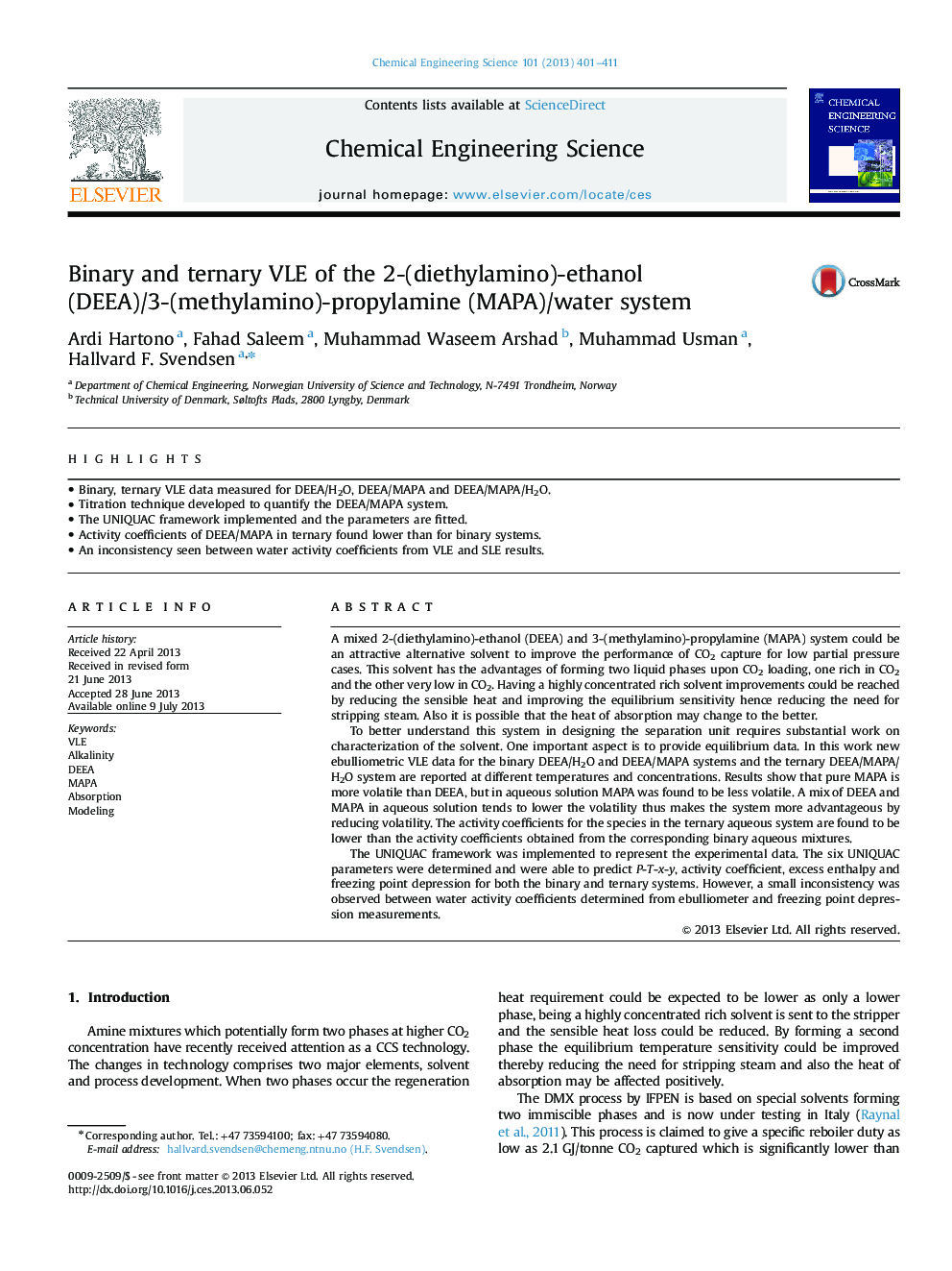 Binary and ternary VLE of the 2-(diethylamino)-ethanol (DEEA)/3-(methylamino)-propylamine (MAPA)/water system