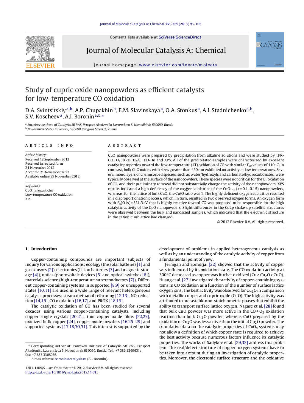 Study of cupric oxide nanopowders as efficient catalysts for low-temperature CO oxidation