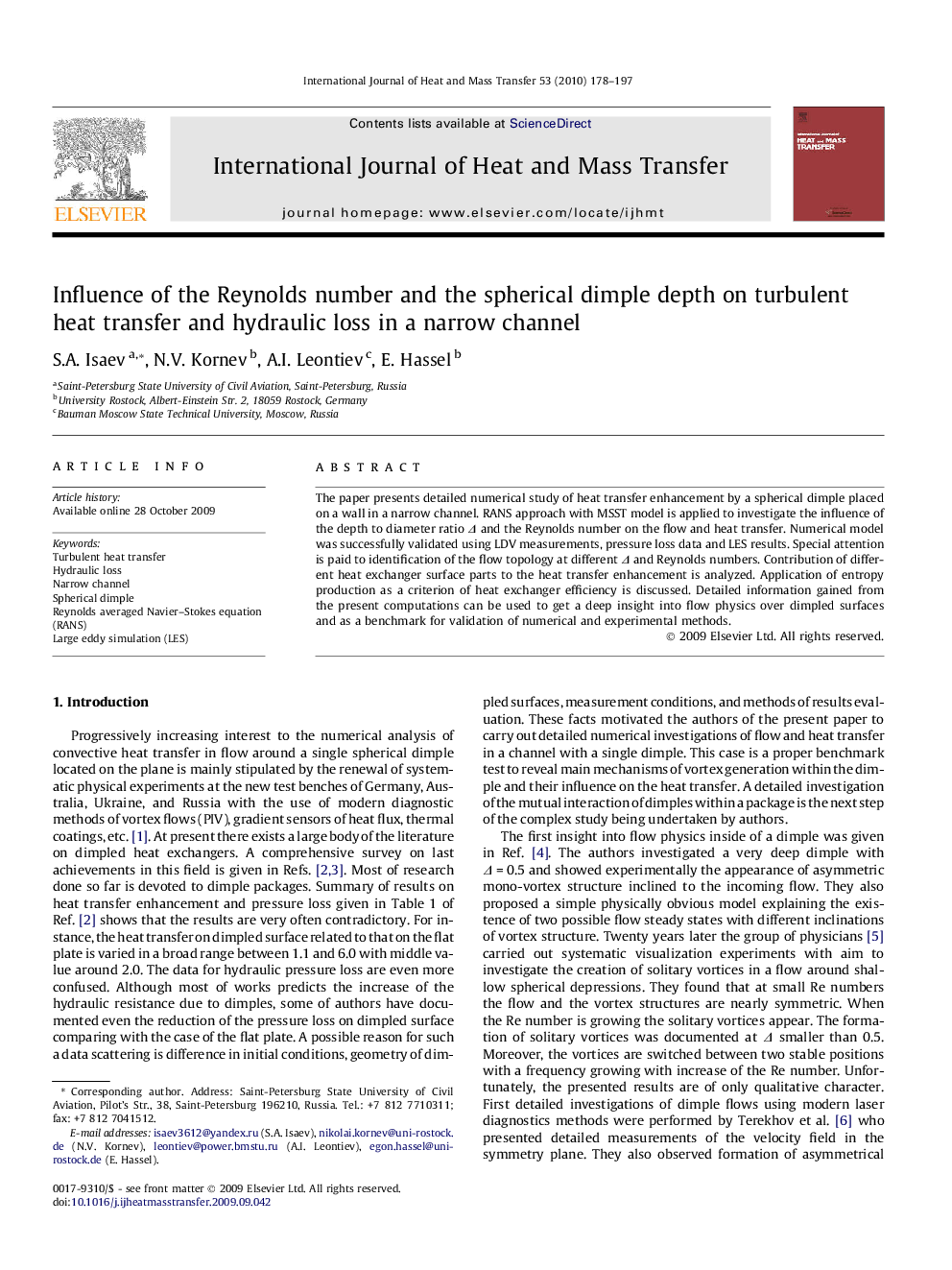 Influence of the Reynolds number and the spherical dimple depth on turbulent heat transfer and hydraulic loss in a narrow channel