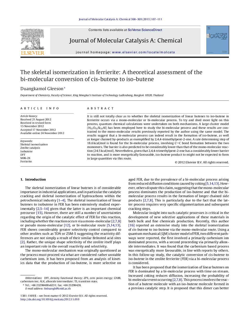 The skeletal isomerization in ferrierite: A theoretical assessment of the bi-molecular conversion of cis-butene to iso-butene