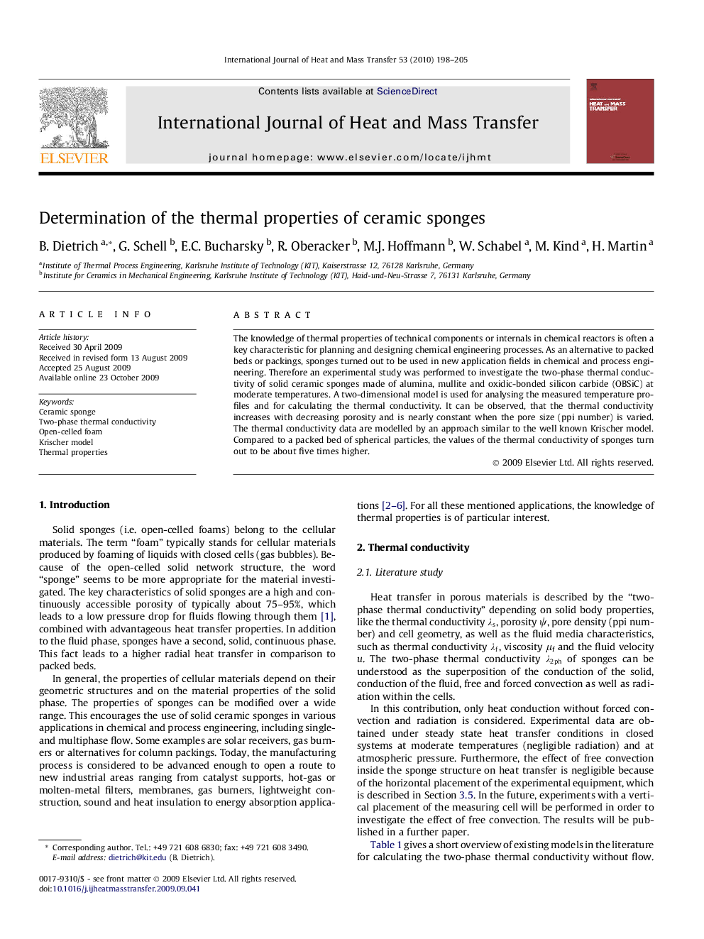 Determination of the thermal properties of ceramic sponges