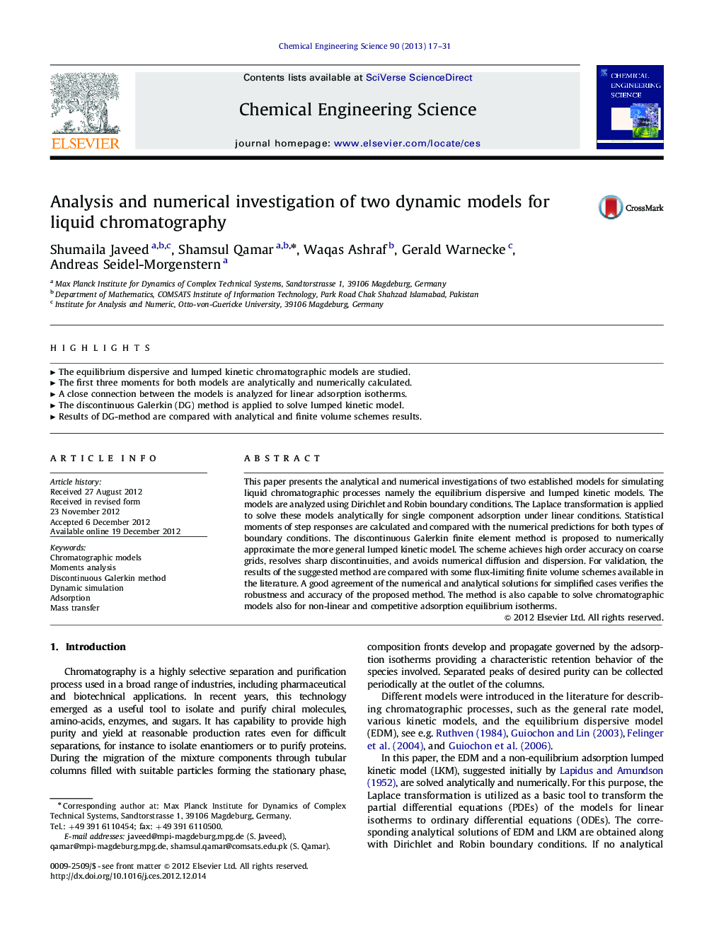 Analysis and numerical investigation of two dynamic models for liquid chromatography