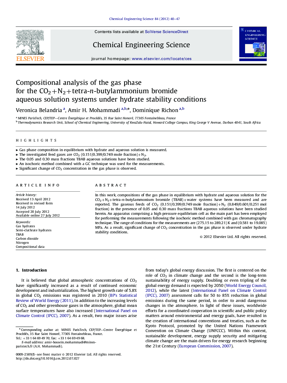 Compositional analysis of the gas phase for the CO2+N2+tetra-n-butylammonium bromide aqueous solution systems under hydrate stability conditions