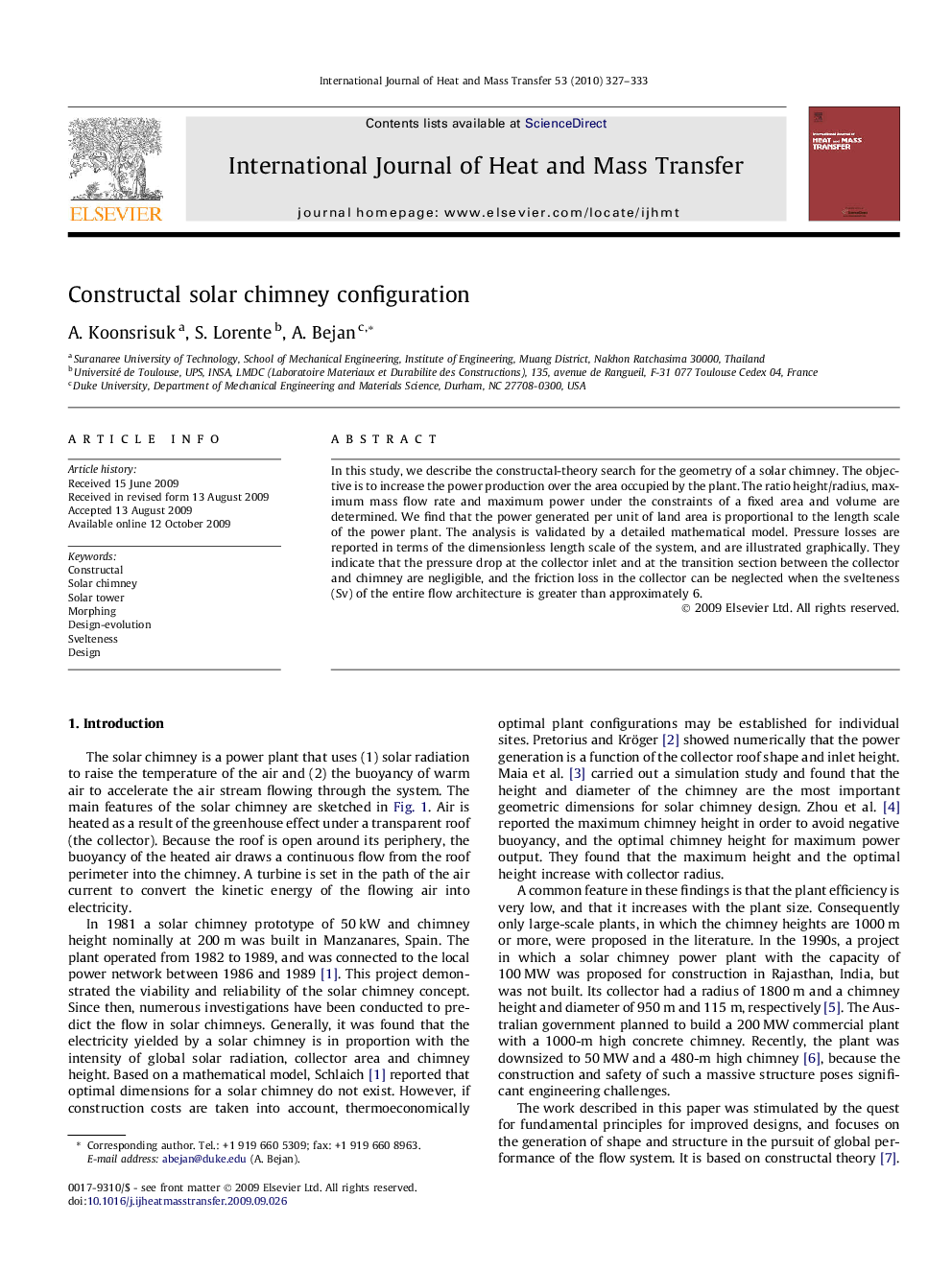 Constructal solar chimney configuration