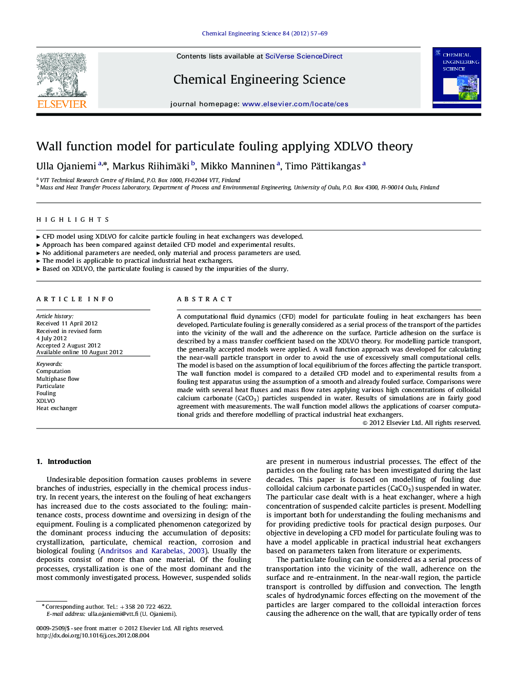 Wall function model for particulate fouling applying XDLVO theory