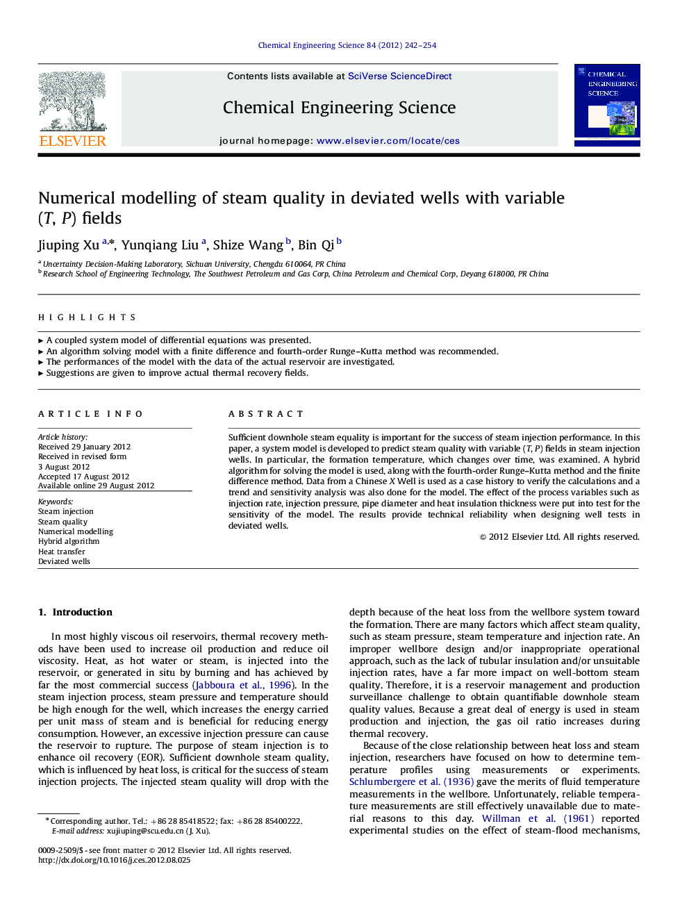 Numerical modelling of steam quality in deviated wells with variable (T, P) fields