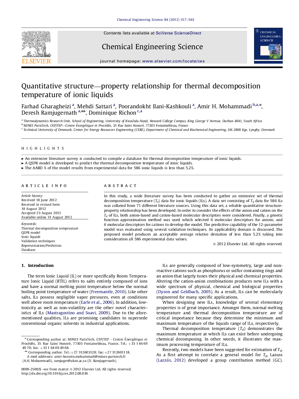 Quantitative structure-property relationship for thermal decomposition temperature of ionic liquids