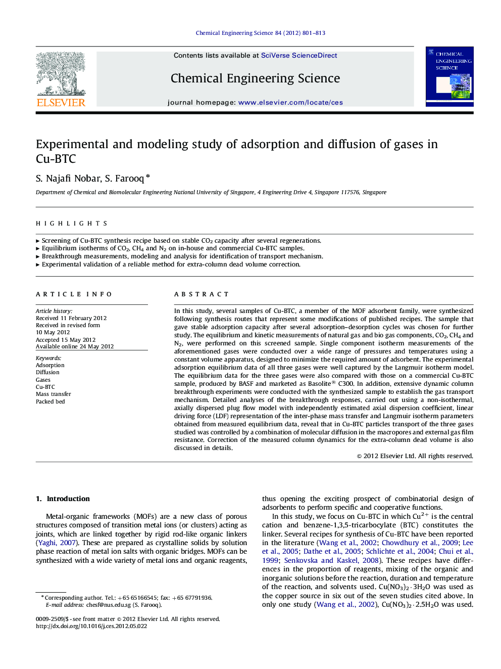 Experimental and modeling study of adsorption and diffusion of gases in Cu-BTC