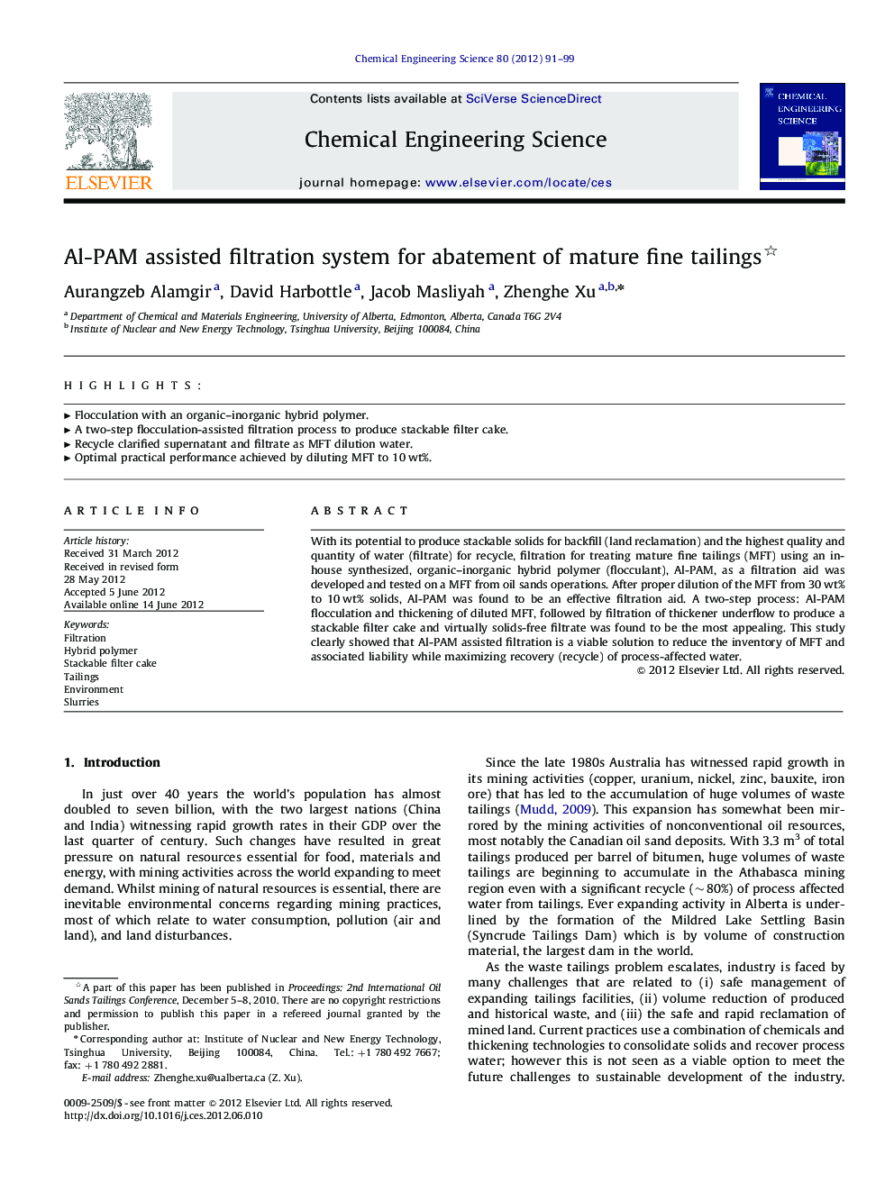 Al-PAM assisted filtration system for abatement of mature fine tailings